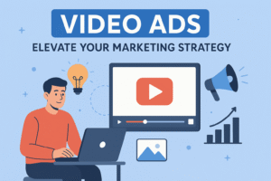 Illustration of a marketer creating engaging video ads to boost brand visibility and sales.