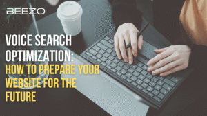 Voice search optimization concept with mobile and AI assistant icons.