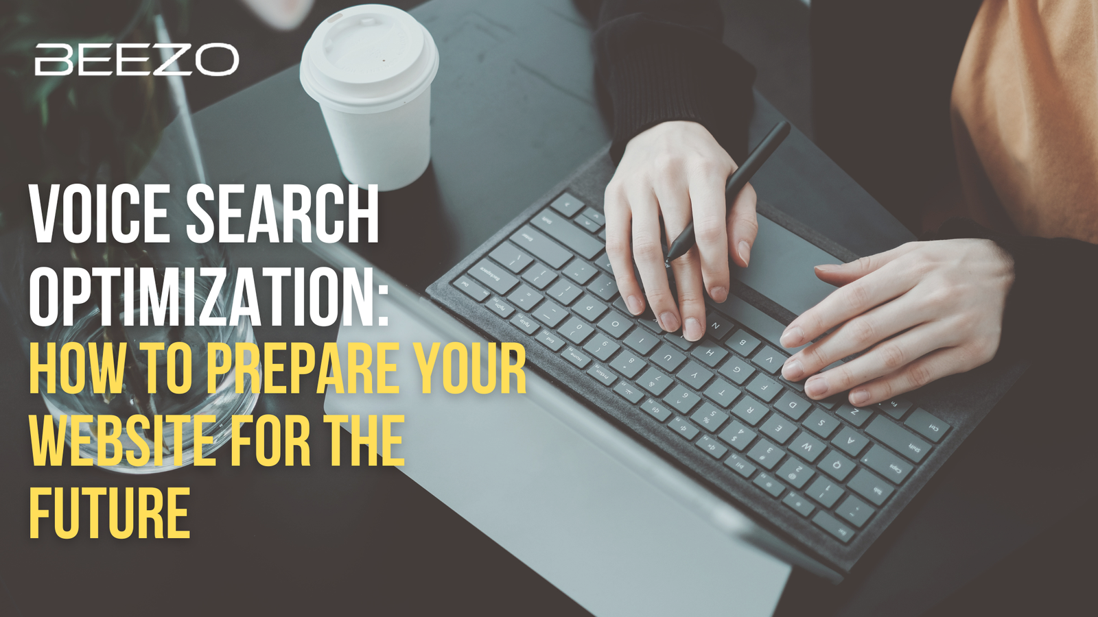Voice search optimization concept with mobile and AI assistant icons.