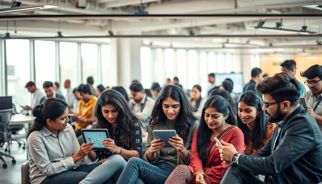 Smartphone illustration with Instagram logo and engagement icons on a bright gradient background.
