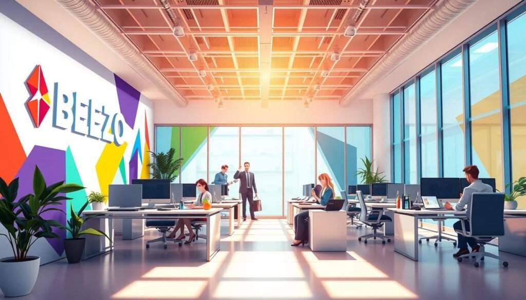 Entrepreneur mastering online marketing with laptop and social media tools.

