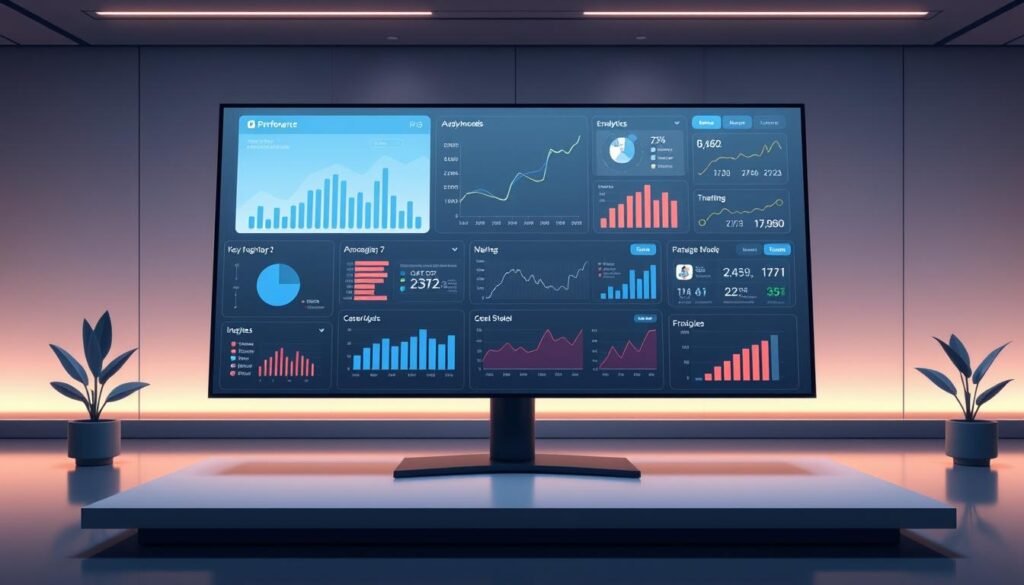 Digital marketing icons with growth arrow and business success graph.

